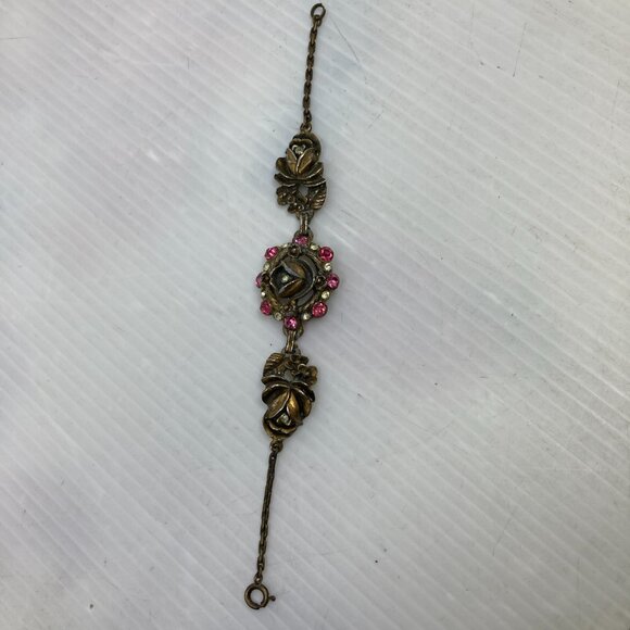 Vtg '50 TRIFARI ? pewter gold tone flower rhinestone bracelet - Picture 2 of 5